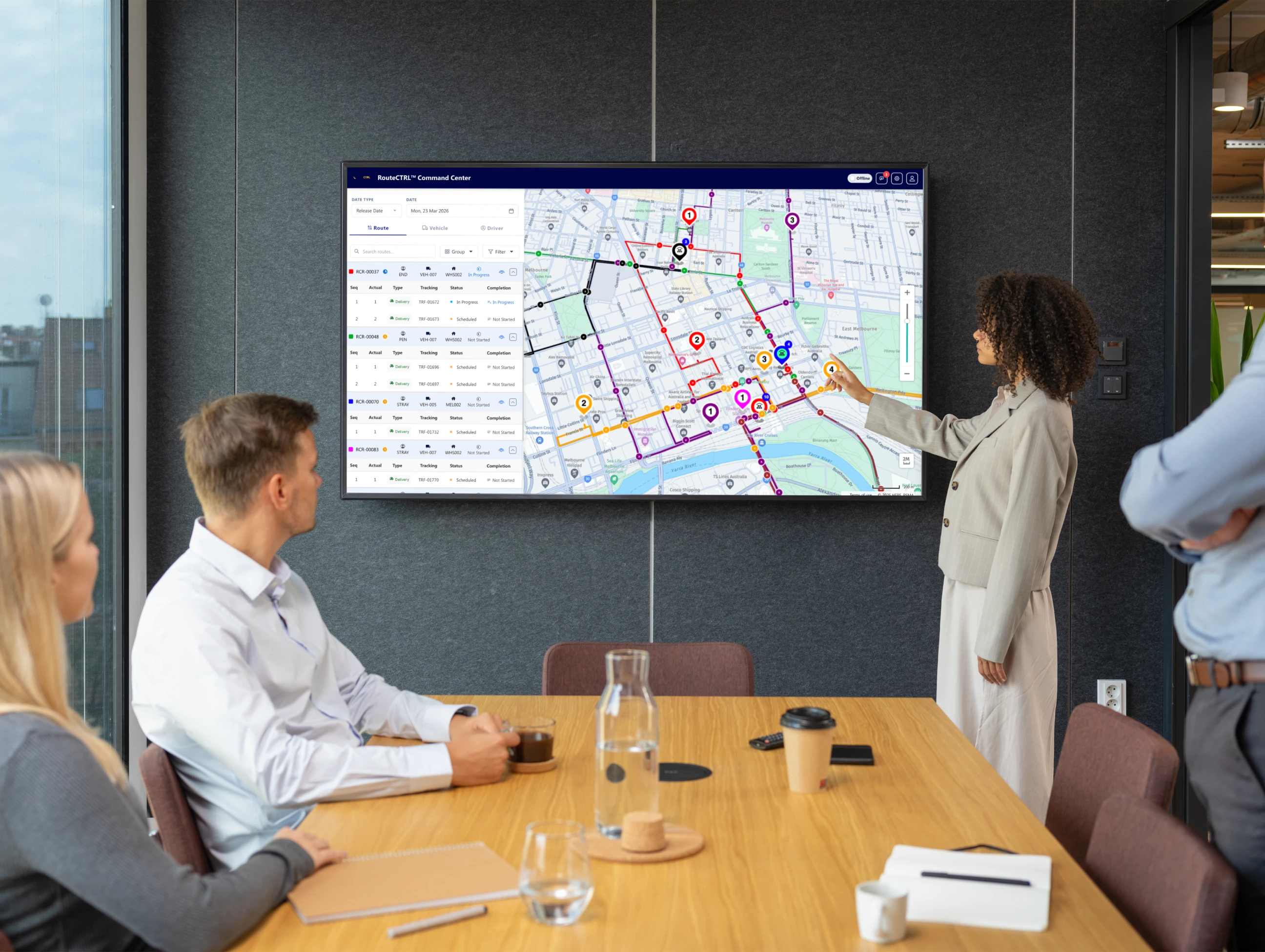 Live vehicle tracking dashboard showing multiple delivery routes, shipment statuses, and real-time stop updates in RouteCTRL for Dynamics 365